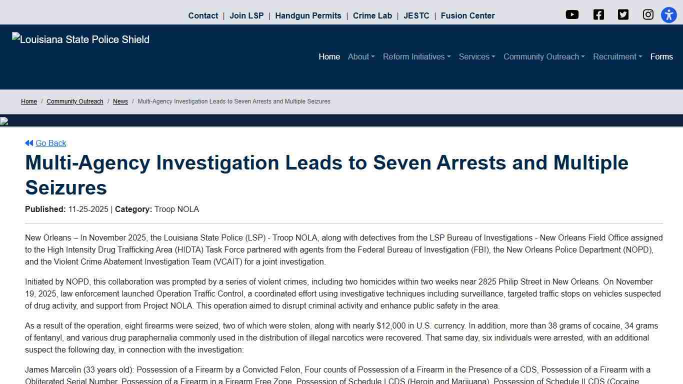 Multi-Agency Investigation Leads to Seven Arrests and Multiple Seizures - Louisiana State Police